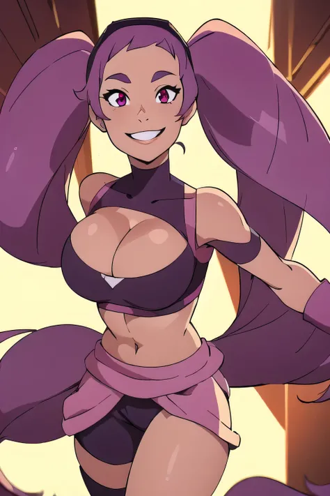 ((masterpiece,best quality)), absurdres, Entrapta_Shera, solo, twintails, smiling, looking at viewer, cowboy shot, cinematic composition, dynamic pose, large breasts, cleavage 