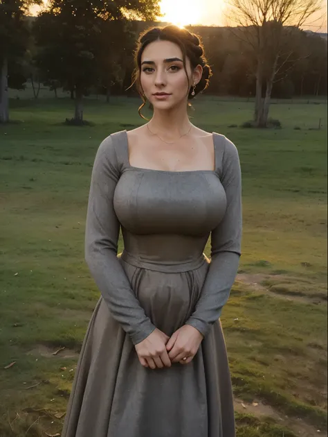 Gorgeous and sultry busty athletic (thin) brunette peasant with sharp facial features wearing a modest updo, medieval hair cover, rough-spun grey and brown medieval dress, long sleeves, wide neck, long dress, tight bodice, corset, Middle Ages, cottage, far...