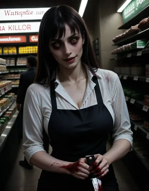 (masterpiece:1.3) 1girl, (female serial killer:1.5) :1.3) working at grocery store , wearing workclothes, wide eyes, blood stain...