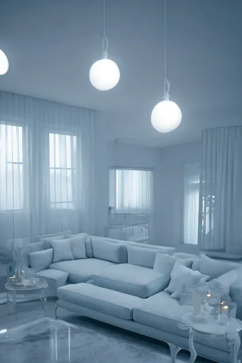 a white dreamy house, living room, retro, foggy, soft focus, year of 1995, cool lighting, muted pastel colors, glowing atmosphere, dramatic shadows, cinematic composition, dream-like quality, ethereal, romantic, soft focus photography, dark blue hour, midn...