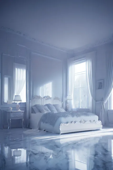 a white dreamy house, bedroom, retro, foggy, soft focus, year of 1995, cool lighting, muted pastel colors, glowing atmosphere, dramatic shadows, cinematic composition, dream-like quality, ethereal, romantic, soft focus photography, dark blue hour, midnight...