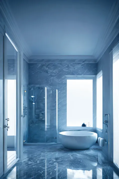 a white dreamy house, bathroom, retro, foggy, soft focus, year of 1995, cool lighting, muted pastel colors, glowing atmosphere, dramatic shadows, cinematic composition, dream-like quality, ethereal, romantic, soft focus photography, dark blue hour, midnigh...