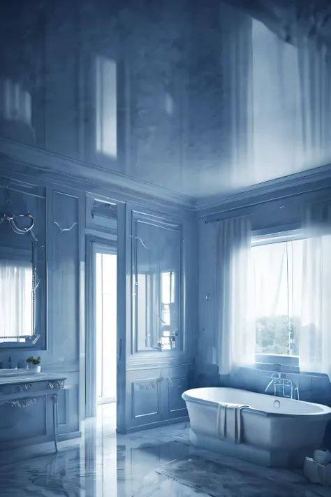 a white dreamy house, bathroom, retro, foggy, soft focus, year of 1995, cool lighting, muted pastel colors, glowing atmosphere, dramatic shadows, cinematic composition, dream-like quality, ethereal, romantic, soft focus photography, dark blue hour, midnigh...