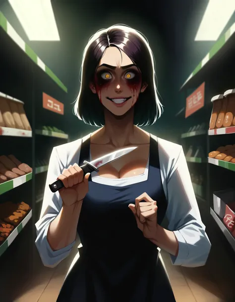 (masterpiece:1.3) 1girl, (female serial killer:1.5) :1.3) working at grocery store , wearing workclothes, wide eyes, blood stain...