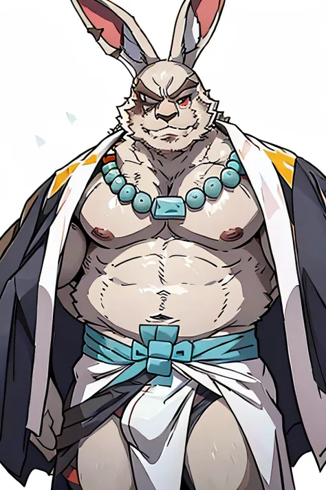 Vysache, furry, 1boy, rabbit boy, rabbit ears, animal nose, one-eyed, red eyes, white fur, fat, bald,　He is a fat, muscular man wearing, a loincloth.