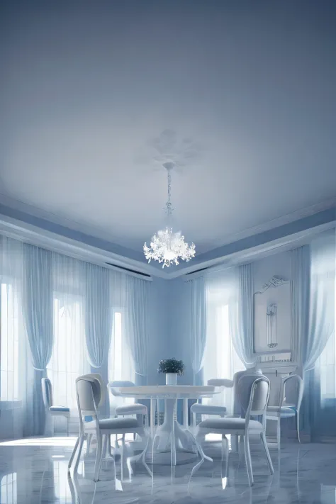 a white dreamy house, dining room, retro, foggy, soft focus, year of 1995, cool lighting, muted pastel colors, glowing atmosphere, dramatic shadows, cinematic composition, dream-like quality, ethereal, romantic, soft focus photography, dark blue hour, midn...