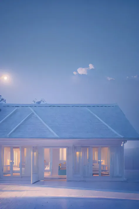 a white dreamy house, dining room, retro, foggy, soft focus, year of 1995, cool lighting, muted pastel colors, glowing atmosphere, dramatic shadows, cinematic composition, dream-like quality, ethereal, romantic, soft focus photography, dark blue hour, midn...