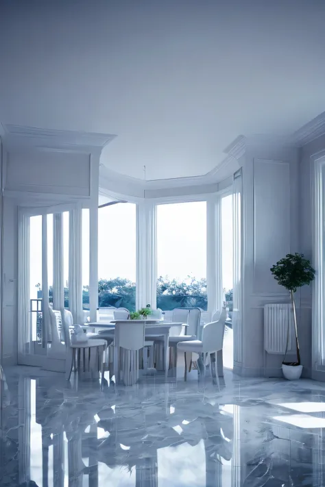 a white dreamy house, dining room, retro, foggy, soft focus, year of 1995, cool lighting, muted pastel colors, glowing atmosphere, dramatic shadows, cinematic composition, dream-like quality, ethereal, romantic, soft focus photography, dark blue hour, midn...