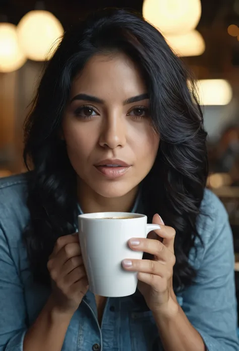 black haired latina woman drinking coffee, High detail, cinematic lighting, ray tracing, point of view, Shots at eye level, hyper high definition, masterpiece, textured skin, 4k, Best Quality, perfect hands