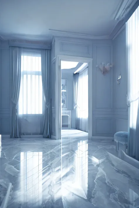 a white dreamy house, dressing room, retro, foggy, soft focus, year of 1995, cool lighting, muted pastel colors, glowing atmosphere, dramatic shadows, cinematic composition, dream-like quality, ethereal, romantic, soft focus photography, dark blue hour, mi...