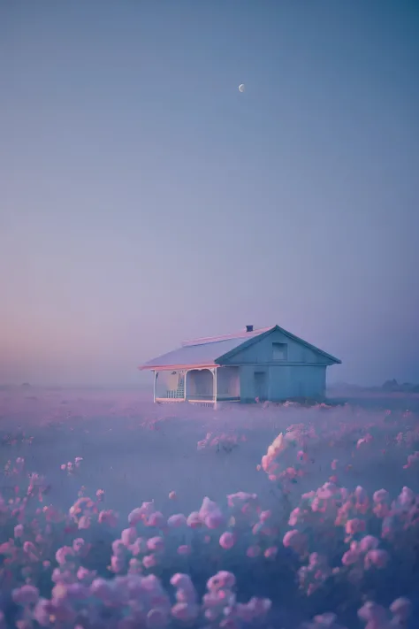 a white dreamy house, piano room, retro, foggy, soft focus, year of 1995, cool lighting, muted pastel colors, glowing atmosphere, dramatic shadows, cinematic composition, dream-like quality, ethereal, romantic, soft focus photography, dark blue hour, midni...