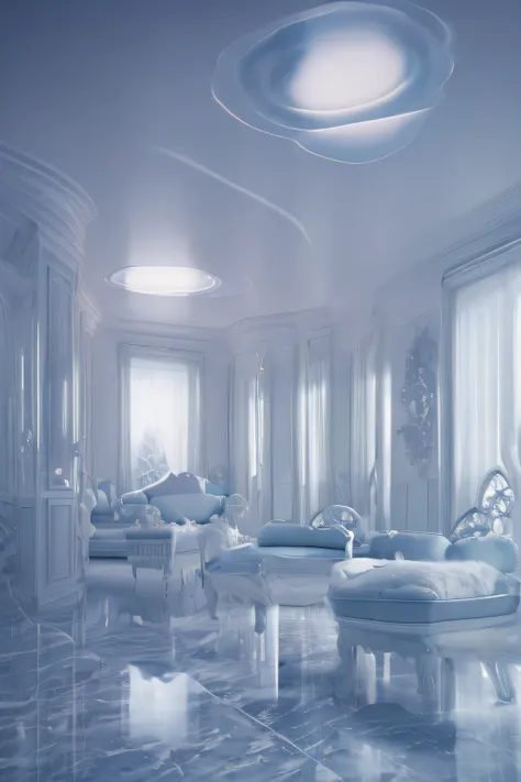 a white dreamy house, piano room, retro, foggy, soft focus, year of 1995, cool lighting, muted pastel colors, glowing atmosphere...