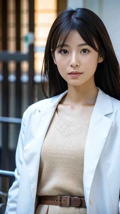 Close-up of a Japanese woman in a white doctor&#39;s uniform, 40 years old, Bun Hair, High-quality images, masterpiece, Detailed hair texture, Detailed skin texture, Detailed cloth texture, 8k, Adding Fabric Details, ultra Detailed skin texture, Super deta...