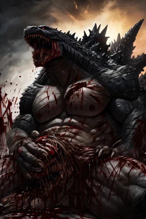 (Gore), Godzilla, defeat, Dying lying on back, (Dismember,) stomach cut, Blood gushes out, (Screaming with a pained expression), Wounds all over the body, Face also injured, Blood dripping from the wounds, Vomiting a large amount of blood, (1boy)