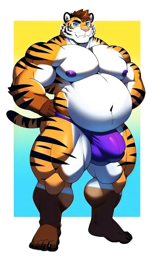 White tiger, big belly, large pectorals, muscular arms, thick thighs, male focus, brown short hair, blue eyes, purple underwear, big bulge, purple nipples, sexy pose, full body 