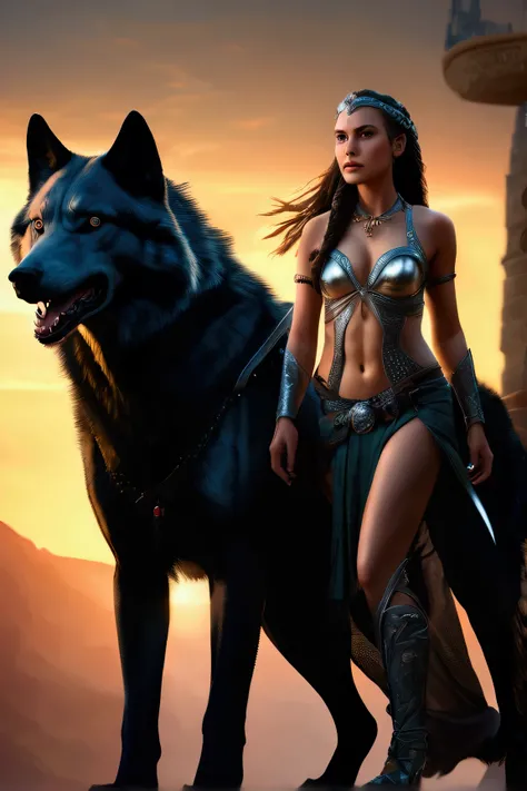 a stunning femme fatale warrior woman, athletic body, wearing revealing leather armor, long flowing hair in braids, accompanied by a large gray wolf, full body pose, dramatic lighting, fantasy, cinematic, intricate detailed rendering, photorealistic, (best...