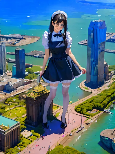 girl bigger than a skyscraper, wearing rimless glasses, smiling, huge breasts, maid, maid outfit, black pantyhose, no shoes, toes visible through pantyhose, steam coming out of soles of feet, seaside metropolis, ocean, destroying city, under heavy attack, ...