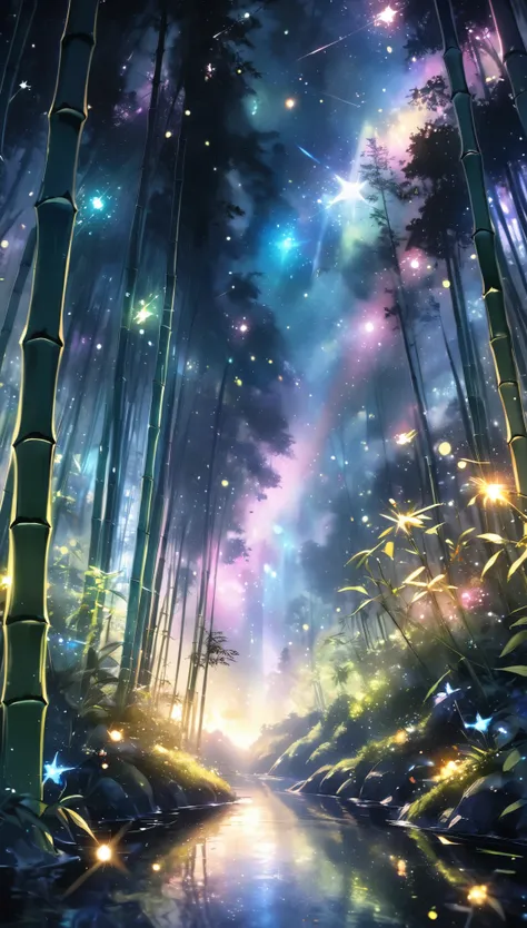 delicate and sharp, crisp outline, bamboo forest on a dark night, soft internal illumination, many fireflies flying around, holo...