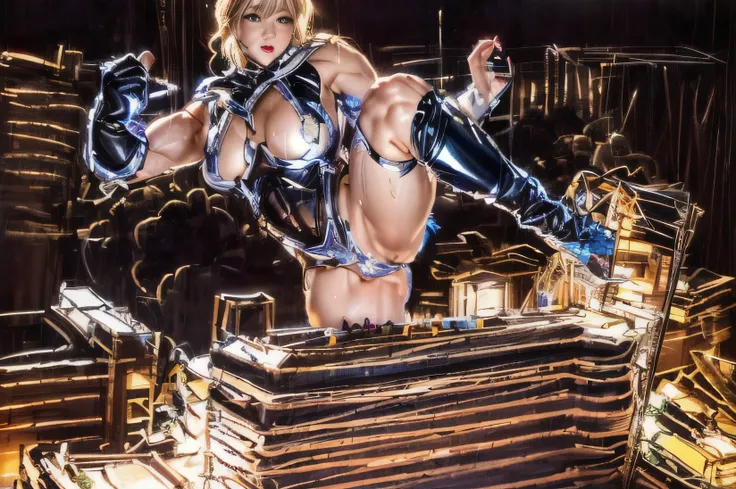 A photo of a giant naked woman in boots kicking down a building in a fight for justice, Giant art, Because Im sweaty，muscular, Giant shot, Giant, high resolution, Crowd of people on the roof, City Diorama，high resolution，naked，genital，Knee-high boots，Photo...