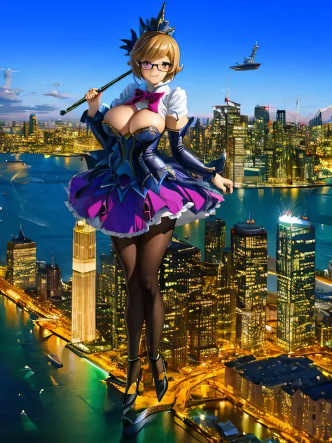 multiple girls, 3girls, standing, giantess art, highly detailed giantess shots, giantess, most detailed, perfect face, Two legs, Five fingers, short hair, A beautiful girl who is bigger than a skyscraper, Wearing rimless glasses, smile, huge breasts, magic...