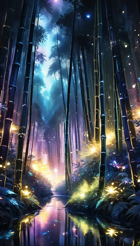 a dark bamboo forest at night, detailed intricate glowing fireflies, holographic sparkles scattered throughout, vibrant chromati...