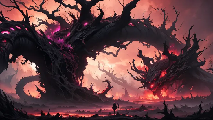 a twisted, gnarled forest with strange, pink foliage, a red sky, and a looming, ominous creature striding through the atmosphere, digital art, highly detailed, cinematic lighting, dramatic composition, vibrant colors, surreal, fantasy, masterpiece