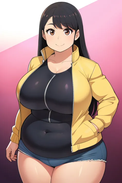 Plump year 21 big breasts black hair brown eyes chubby smile longer hair jacket