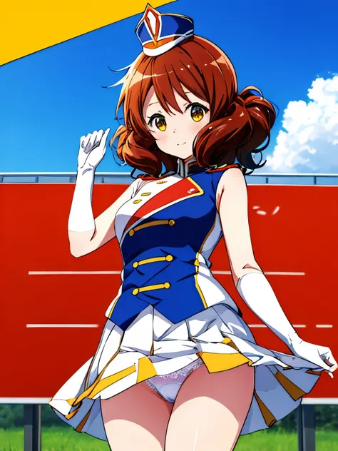 1 person,Cowboy Shot,Skirt flip,White lace panties,High quality anime、High resolution, Kumiko、Tabletop,band uniform,sunfes marching band uniform,[3D Images:1.5],[[Attractive eyes,Detailed eyes、Shining Eyes, Colorful eyes:1.15],whole、Looking at the audience...