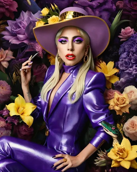 Lady Gaga in a purple and gold outfit and a hat with Crocodile , Fauna_Portraits , surrounded by flowers, David LaChapelle, highly detailed digital painting, poster art, naturalism