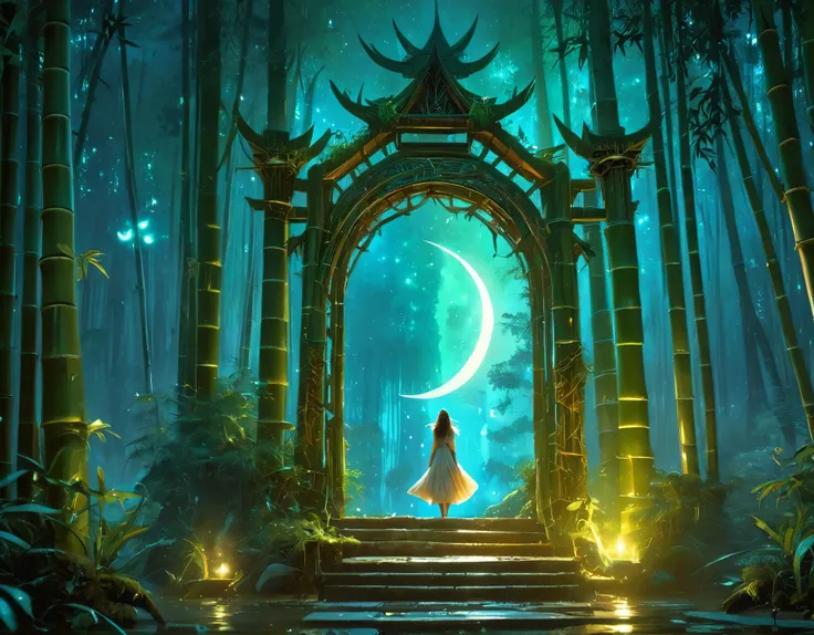 high details, best quality, 16k, [best detailed], masterpiece, best quality, (extremely detailed), a view from the rear (best details, Masterpiece, best quality), photorealistic, fantasy art, RPG art, a picture of a human sorceress sittings in bamboo fores...