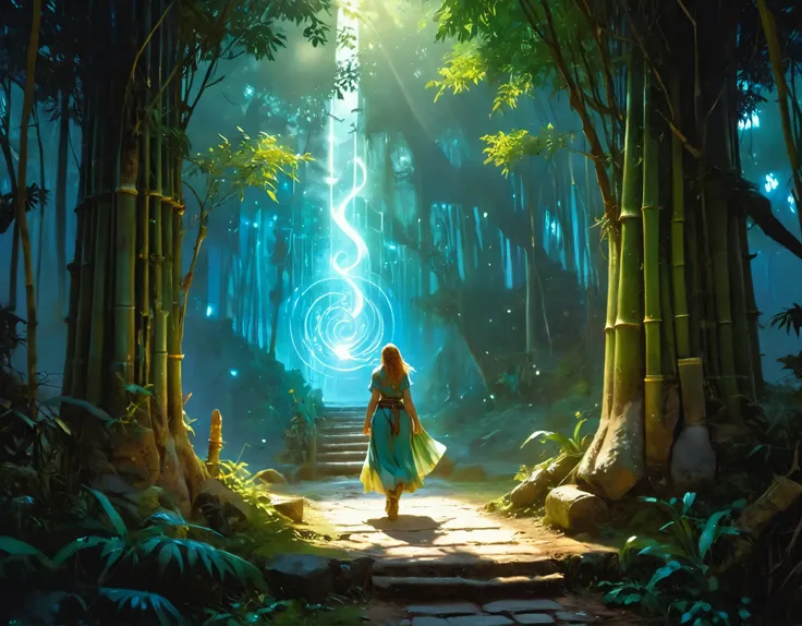 high details, best quality, 16k, [best detailed], masterpiece, best quality, (extremely detailed), a view from the rear (best details, Masterpiece, best quality), photorealistic, fantasy art, RPG art, a picture of a human sorceress sittings in bamboo fores...
