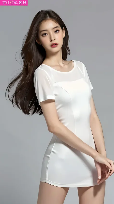 Highest quality,masterpiece,Ultra-high resolution,(Actual:1.4),Original photo,Ultra-high resolution,8K,There are also women,Fair skin、Transparent short-sleeved one-piece white dress
Long legs:1.5,Bright and beautiful,high waist,Flashy makeup,Gray backgroun...