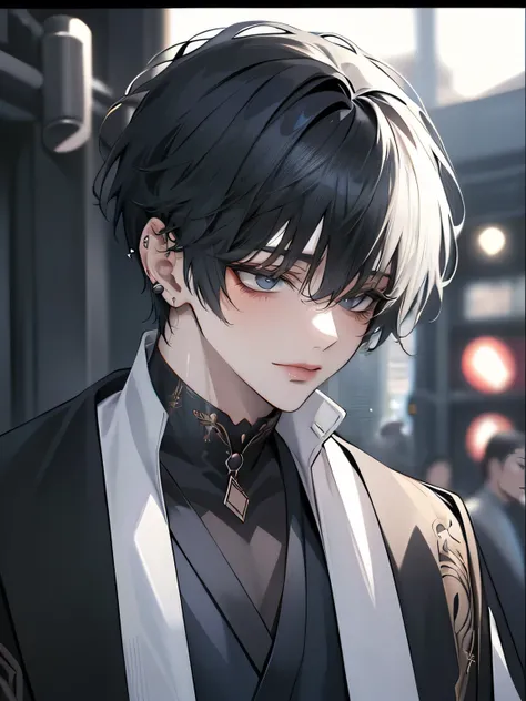 One handsome boy、Hairstyle with light golden color and black end、light blue color、small face、anime makeup、"A man with a cute and androgynous face"、White skin、cute eyes、Very thin eyebrows、high、stylish black gothic fashion、Long trousers with long sleeves、win...