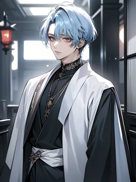 One handsome boy、Hairstyle with light golden color and black end、light blue color、small face、anime makeup、"A man with a cute and androgynous face"、White skin、cute eyes、Very thin eyebrows、high、stylish black gothic fashion、Long trousers with long sleeves、win...
