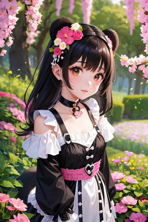 A cute and beautiful girl in a Panda costume with a heart-shaped choker, in a beautiful flower field
