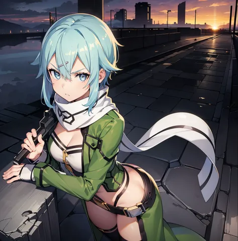 ((1girl)),((alone)),sinon asada, (sword art online),(masterpiece), (best quality), (ultra detailed), (best illustration), (best shadow), (absurdities), sharp focus, cowboy shot, atmospheric perspective, depth of field, dynamic posture looking at viewer, me...