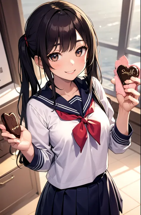 smile,female,Sailor suit,chocolate,I hold it in my right hand,