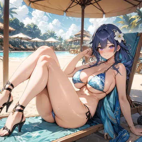 (masterpiece), best quality, expressive eyes, perfect face,1girl,wanderer,genshin impact,blue hair,shy,purple eyes,big breasts,sexy bikini,patterned bikini,string bikini,side-tie bikini bottom,poolside,sitting,beach chair,beautiful hair flower,blush,beach ...