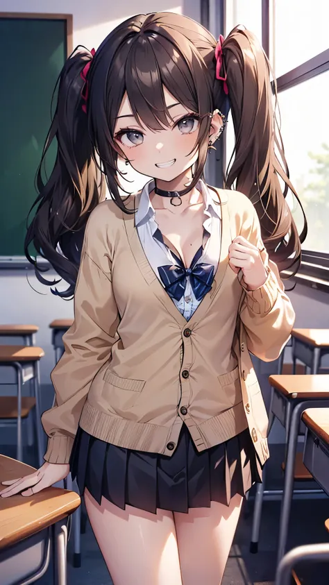 ((masterpiece、Highest quality、Very detailed))、One person、gyaru、Black Hair、Long Hair、twintails、Grey Eyes、evil smile、((Grin))、((lots of piercing))、Small breasts、((White collared shirt))、((clavicle))、cleavage、((lightbrown cardigan))、((Black pleated skirt))、((...