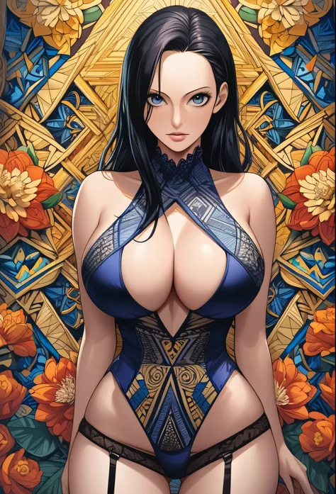 Nico Robin, One Piece, absurdres, highres, ultra detailed, ultra-detailed background, detailed background, extremly detailed, 1girl,bunch of flowers, (zentangle:1.2), (geometric:1.2),  blue and gold color palette, monochromatic gold and blue, big breasts, ...