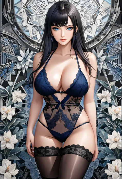 Nico Robin, black hair, blue eyes, genshin impact, absurdres, highres, ultra detailed, ultra-detailed background, detailed background, extremly detailed, 1girl,bunch of flowers, (zentangle:1.2), (geometric:1.2) black and white color palette, monochromatic,...