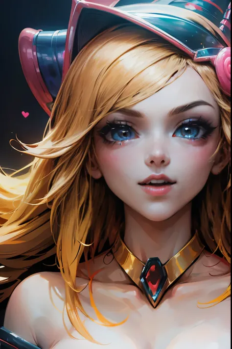 Mid-body shot. Beautiful face of dark magician gils. blue eyes. long and thick eyelashes. pink lips. smile en sus labios. Gold arts. gold necklace. Long blonde hair. Pink blush on the cheeks. brio in the eyes. Glass and neon eyes. smile. coquette. half bod...