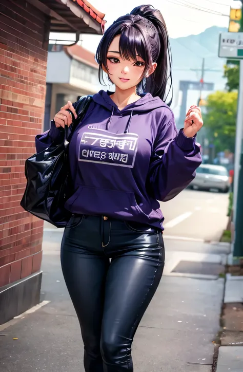 ((best quality)), ((masterpiece)), (detailed), perfect face,(18 years old),(beautiful girl), ponytail,(dark purple hair), cute smile (looking at vivers) on a streat road,( full body view),(detailed lips), perfect head ,(detailed face), wers a white hoodi b...