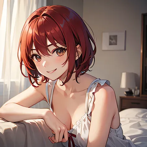 ((best quality)), ((masterpiece)), (detailed), 1girl, Gender is girl. Wine Red straight hair. Short hair. Brown eyes. Sitting on the bed. Naughty smile.