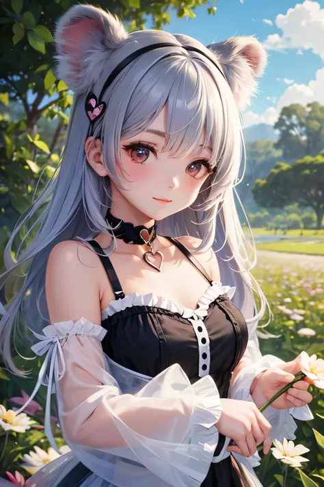 A cute and beautiful anthropomorphic koala girl wearing a heart-shaped choker in a beautiful flower field
