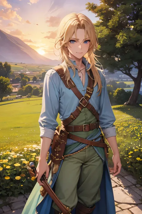 Male bard, blond, medium length tousled hair, Blue eyes, Dressed in a shirt with a large neckline, Green baggy pants, Brown boots, Cheerful face, A sheath hangs on the belt, Behind the back there is a lute, in the background there is a flower field and sun...