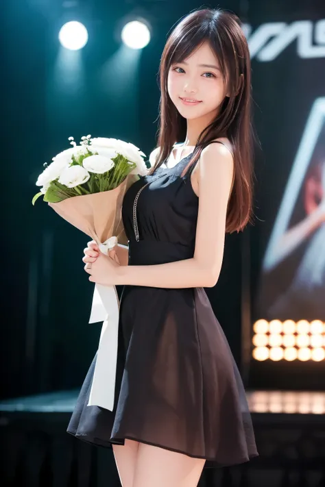 ((Best Quality, 8k, Masterpiece:1.3)), 1 girl, smiling, full body, 166cm, slim body, (thin waist), slender face, pretty woman, (dark brown hair), full body dress:1.1, ultra-detailed face, detailed eyes, plump lips, double eyelids, blurred background, smili...