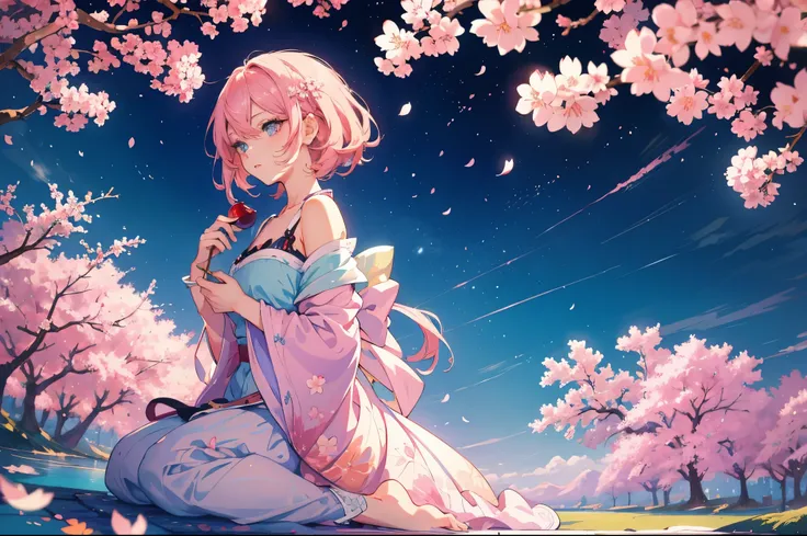 Detailed anime style, Beautiful and stunning artwork, Bright shadows, strong colors, Pastel cotton candy, a beautiful woman, pink hair, blue eyes, Beautiful scenery, Cherry blossom leaves, Linear and detailed illustration
