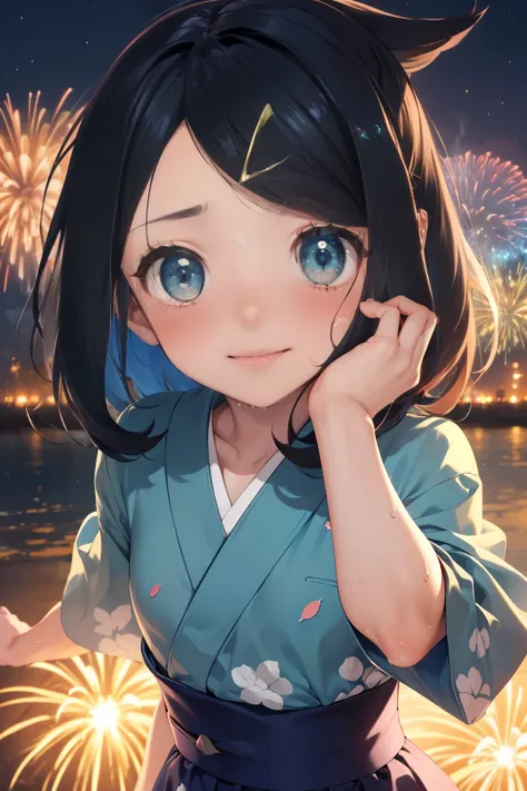 ((nsfw)), (masterpiece, Highest quality, 8K ultra-high resolution:1.6), Not wearing underwear, 14yo, kawaii, Pokemon Riko, (A colorful navy blue yukata, night: 1.4), (Summer festival), ((turn around)), Beautiful Eyes,Flash photography, Backlight,  ((Close-...