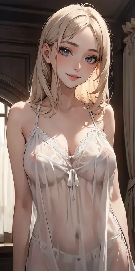 (masterpiece, best quality), 1girl, beautiful face,, breasts, (1girl, solo:1.3),, detailed  background,, nude, medium shot, upper body, detailed face,smile, see-through nightgown, 